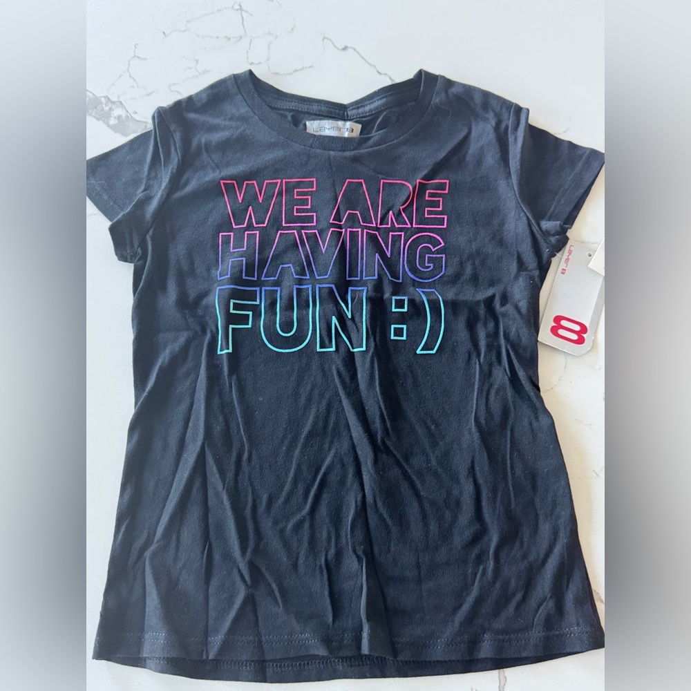 Kids Black Graphic Tee with Multicolor Text new with tag
